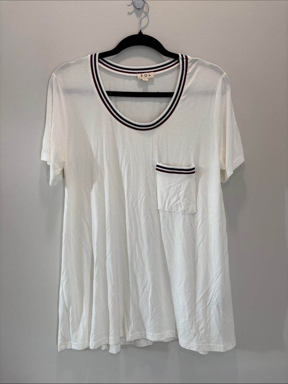 POL White Rib Trim Pocket Tee Soft Stretch Short Sleeve T-Shirt Medium